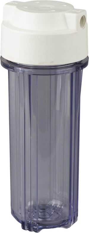 Clear water filter housing with a white cap, featuring vertical ridges and a side-mounted inlet/outlet port.