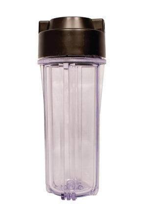 Clear vertical filter housing with a black screw-on cap, shown from a direct front-facing angle on a white background.