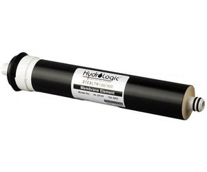 Black cylindrical HydroLogic Stealth membrane filter with white end caps, O-rings, and branded product label.