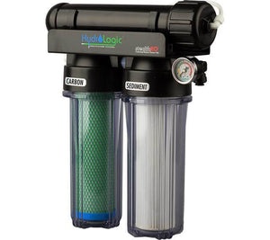 HydroLogic reverse osmosis system with green carbon filter, white sediment filter, and integrated pressure gauge.