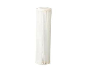 Vertical white cylindrical water filter cartridge with a pleated design, isolated against a plain white background.