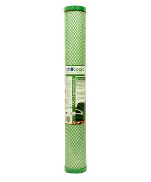 Vertical green HydroLogic Greenblock carbon filter cartridge with white label and mesh netting.