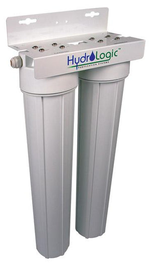 HydroLogic two-stage white water filter system with metal wall-mount bracket on a plain white background.
