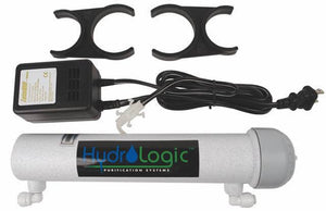 UV water filter kit includes a white cylindrical housing, power adapter, and two black mounting clips.