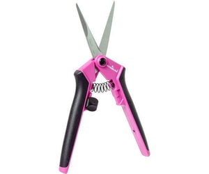 Pink and black ergonomic garden snips with pointed metal blades, a tension spring, and a thumb-operated locking latch.
