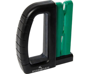 Black handheld Hydrofarm sharpener with a textured grip and dual green sharpening slots on a white background.
