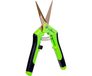 Titanium-coated pruning shears with lime green and black ergonomic handles, a spring-loaded hinge, and safety lock.
