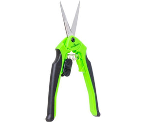 Green and black spring-action pruning shears with sharp, pointed stainless steel blades on a white background.