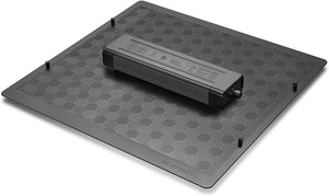 High-angle view of a black, textured AC Infinity LED driver mounting plate with a rectangular power supply on top.
