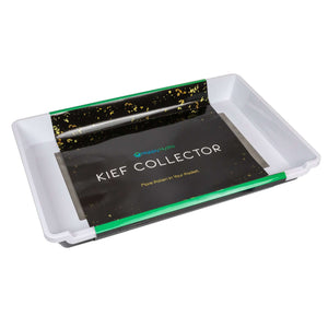 White tray with a black and gold insert labeled "Kief Collector" by Happy Hydro. High-angle view on white background.