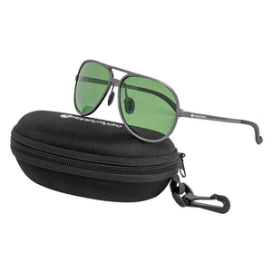 Aviator-style grow glasses with green lenses and dark frames resting on a black zippered protective hard case.
