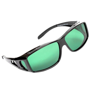Black wrap-around grow glasses with green lenses and side shields, shown from a side-angle view.