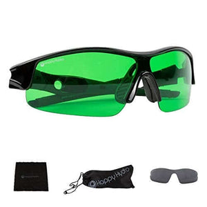 Green-tinted grow glasses with black frames, including a microfiber cloth, carry pouch, and grey replacement lenses.