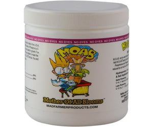 White plastic tub of MOAB nutrient powder featuring a cartoon scientist character on the label.