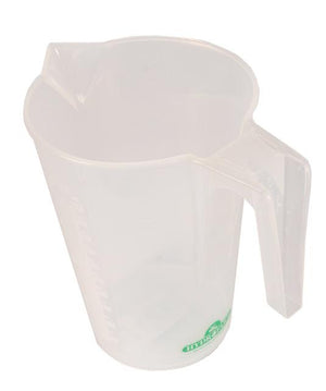 Clear plastic measuring pitcher with handle, pouring spout, and side graduation markings, isolated on white background.