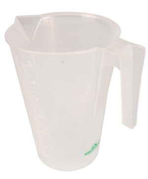Clear plastic measuring pitcher with handle, pouring spout, and side volume markings against a white background.