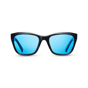 Method Seven glasses with black frames and vibrant blue lenses, shown from a front-facing perspective.