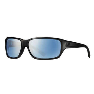 Black wrap-around sunglasses with reflective blue mirrored lenses against a white background.