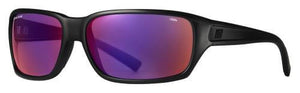 Matte black wrap-around sunglasses with reflective purple and red lenses, viewed from a slightly high-angle perspective.