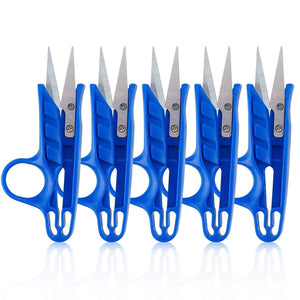 Five blue ergonomic pruning snips with stainless steel blades lined up vertically on a white background.