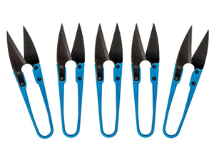 Five pairs of blue-handled garden trimming snips with black, pointed steel blades arranged in a row.