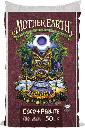 50L bag of Mother Earth coco coir and perlite mix featuring a colorful tiki illustration on a maroon background.