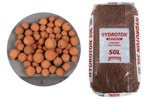 A 50L bag of Hydroton expanded clay pebbles alongside a close-up sample showing pebble size against a ruler.