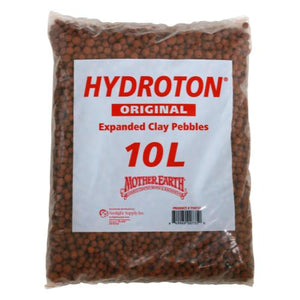 Clear plastic bag of brown expanded clay pebbles for hydroponics, labeled 10L, isolated on white.