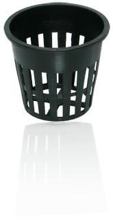 Black slotted hydroponic net pot cup with a wide rim, viewed from a slightly elevated angle.