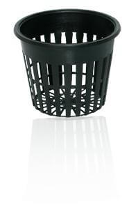 Black plastic hydroponic net pot with wide slots for root growth, shown from a slightly elevated angle.
