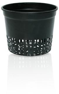 Black, round plastic hydroponic net pot with a slotted mesh base for root aeration, shown on a white background.