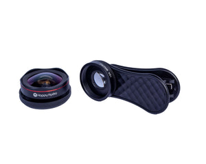 Black 15X macro phone lens with clip and a separate Happy Hydro wide-angle lens isolated on a white background.