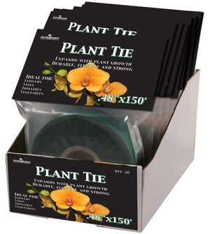 Display box of 20 rolls of green, flexible plant tie tape in clear plastic sleeves, featuring orchid graphics.