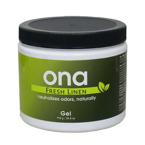 White plastic jar of Ona Fresh Linen odor neutralizing gel with a black screw-top lid, 732g/25.8 oz size.