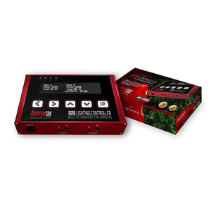 Red digital grow light controller with LCD screen, navigation buttons, and connection ports, shown with its retail box.