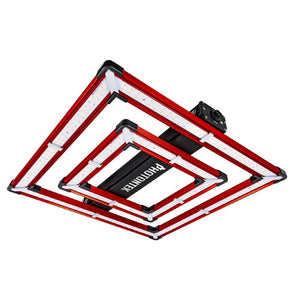 Square Photontek LED grow light with concentric red frames and white diode strips, isolated on white background.