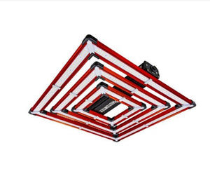 Square LED grow light with red frame, nested bar design, and central control unit on a white background.