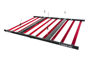 LED grow light with ten red bars, black frame, and hanging cables on a white background.