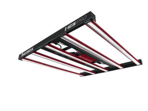 Black and red Photontek X 465W LED grow light with a multi-bar fixture design, angled view against white background.
