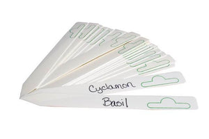 Fan of white plastic garden plant markers with pointed ends and green hang-hole outlines on a white background.