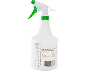 White 32oz plastic spray bottle with green trigger and nozzle, featuring dilution measurements and content labels.