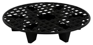 Black circular plastic grid platform with elevated support feet, shown from a high-angle perspective.