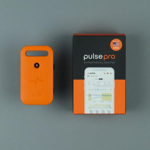 Bright orange environmental monitor next to its black and orange product box showing mobile app data.