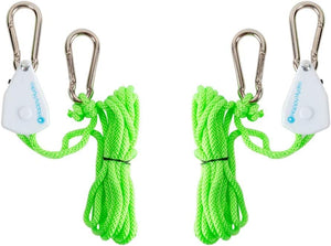 Two neon green grow light rope ratchets with white plastic tensioners and silver metal carabiners.