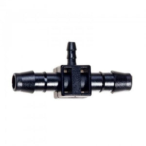 Black plastic T-shaped irrigation barbed fitting for connecting 1/2 inch main line to 1/4 inch tubing.