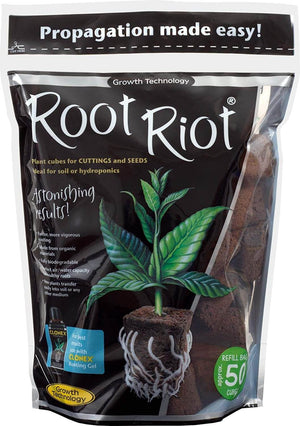 Root Riot propagation refill bag containing 50 dark brown, biodegradable starter cubes for seeds and cuttings.