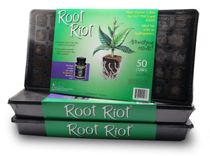 Two stacked trays of 50 organic Root Riot plant starter cubes in black plastic inserts with green branding wraps.