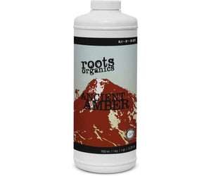 White 950ml bottle of Roots Organics Ancient Amber featuring a mountain graphic and 0.1-0-0.01 NPK ratio.
