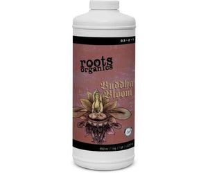 White 950ml bottle of Roots Organics Buddha Bloom fertilizer featuring a lotus flower and buddha illustration.