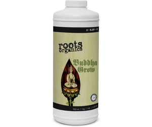 A white bottle of Roots Organics Buddha Grow featuring a Buddha illustration on a beige label, 950ml size.